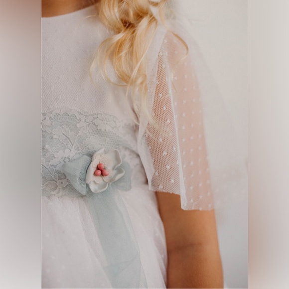 CYBERELLA BABY Ceremony Girls' Dress - Polka Dot Tulle (Aquamarine & Ivory) - Picture 4 of 11